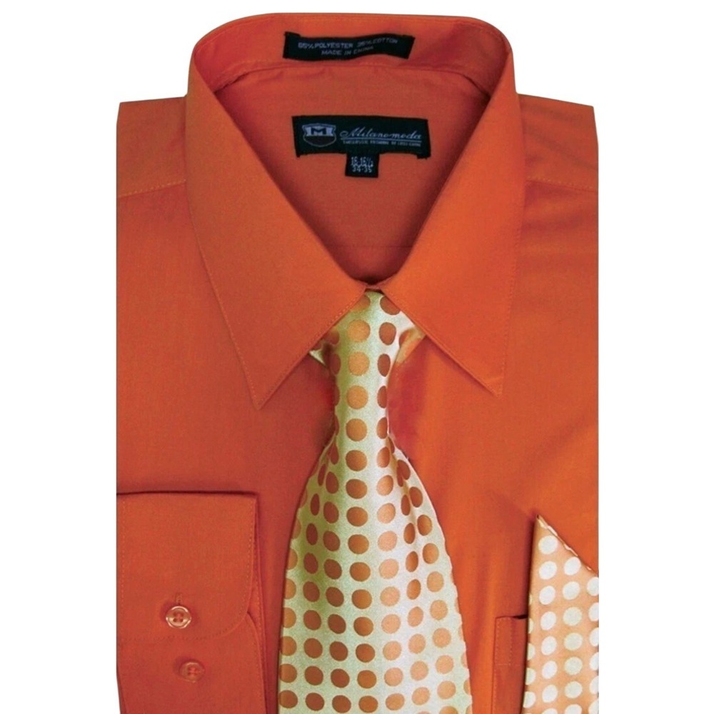 Milano Moda Men's Orange Long Sleeve Dress Shirt with Tie Size 17/17.5-‎ 34/35